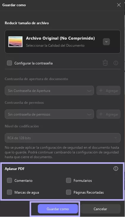 Definir la configuración de aplanar PDF en UPDF Windows 2