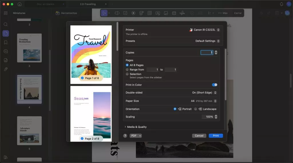 definir configuración de página imprimir updf mac