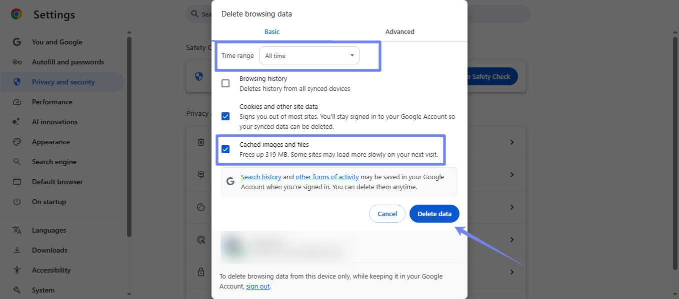 delete cached memory chrome