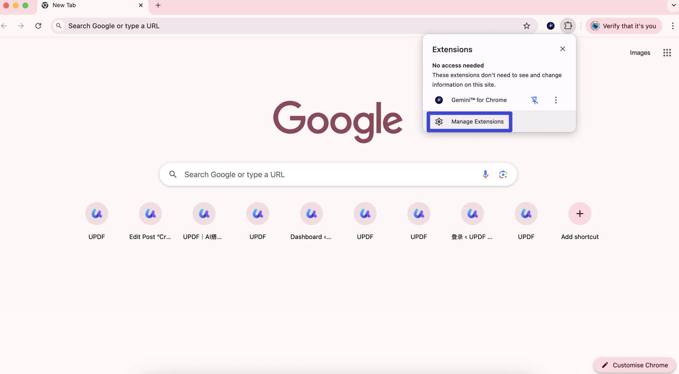 navigate to manage extension for chrome