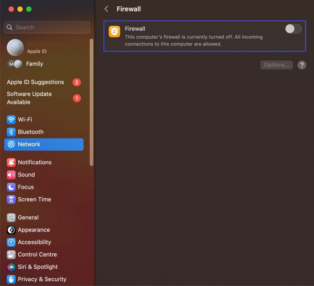 toggle off firewall option