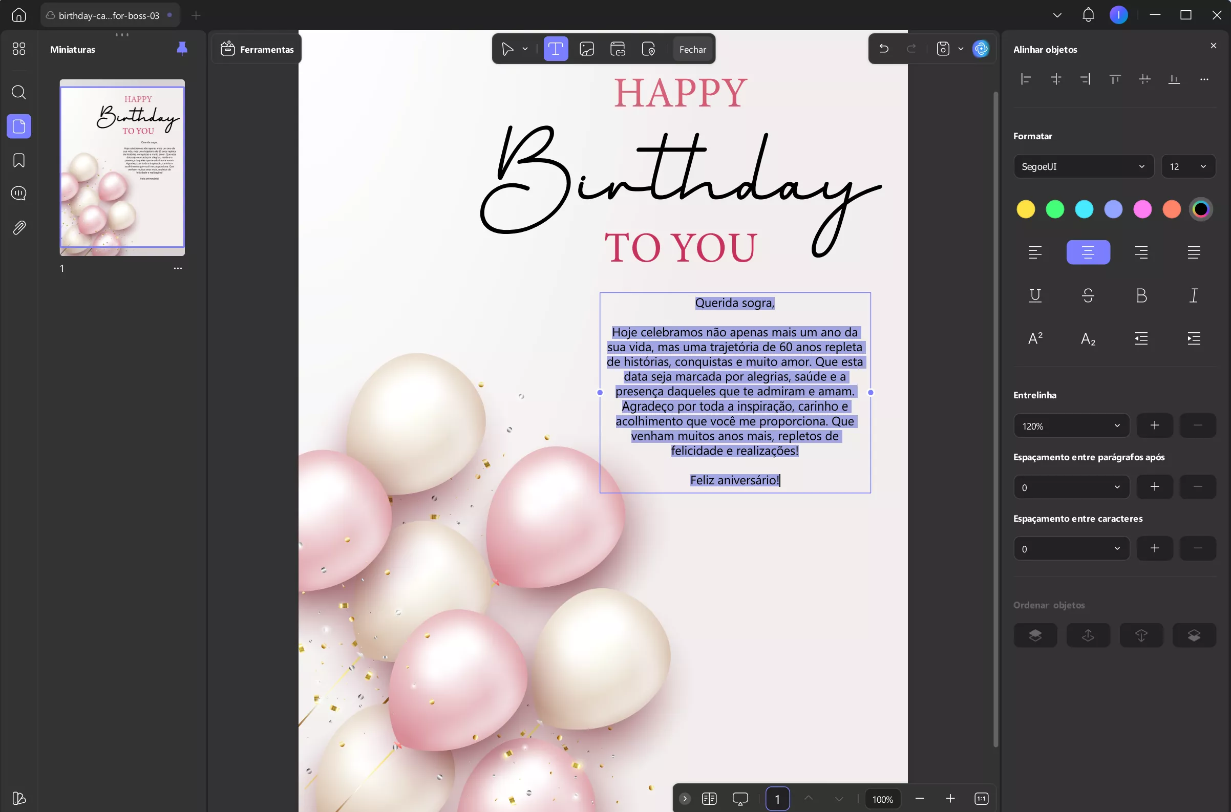 se quiser editar o texto, você pode alterar a cor