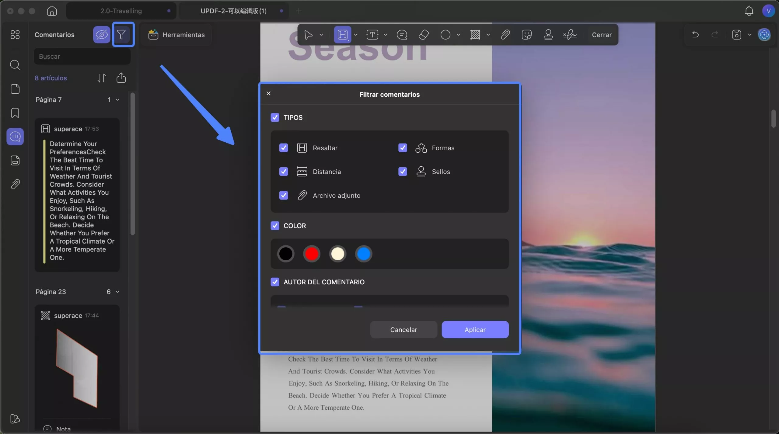 filtrar comentarios en UPDF para Mac