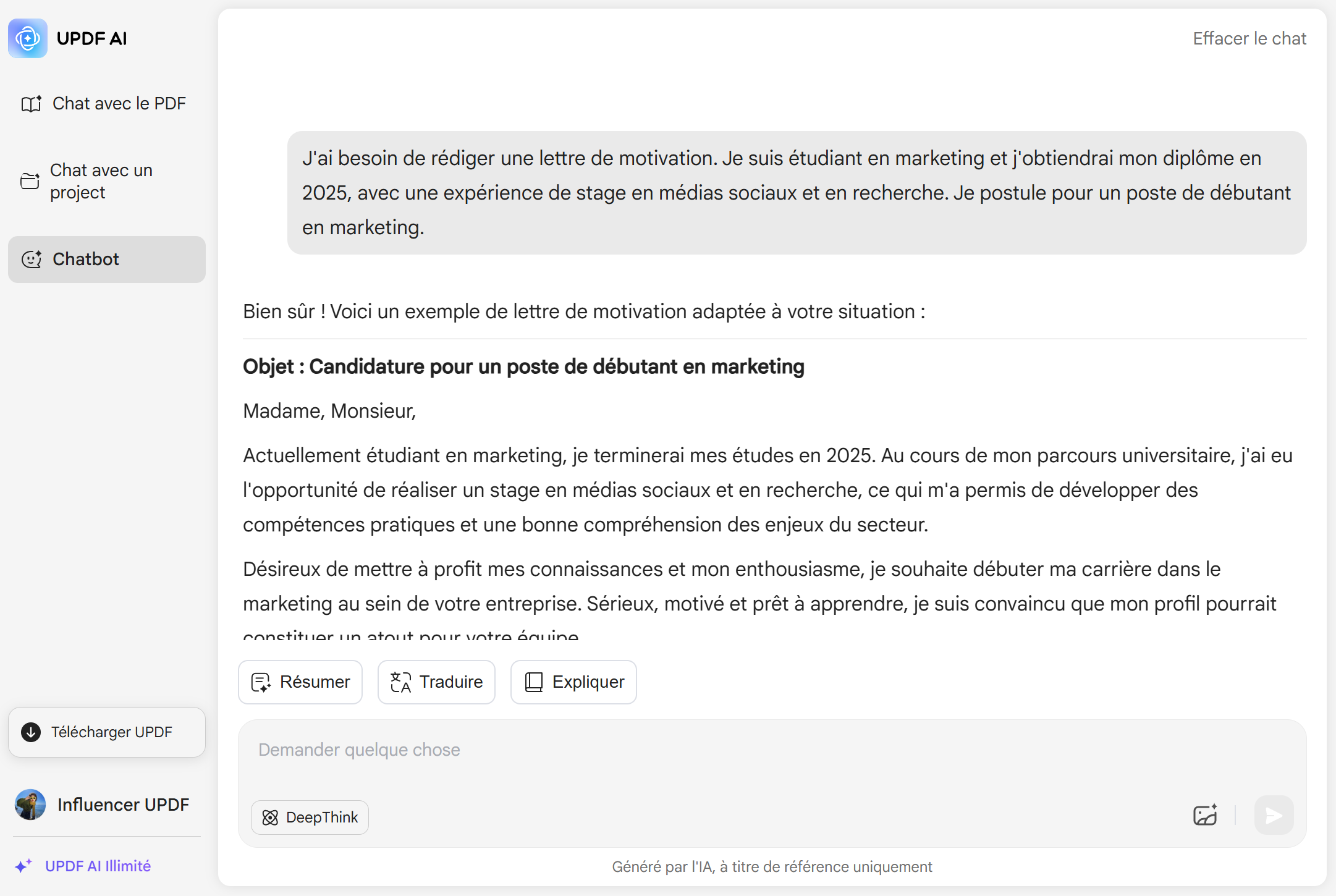UPDF AI générateur de lettres de motivation