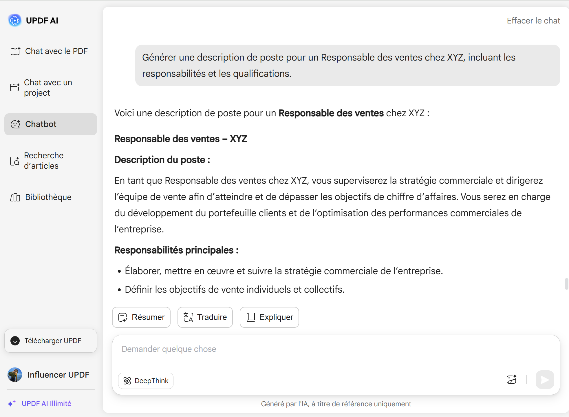 UPDF AI générateur de descriptions de poste