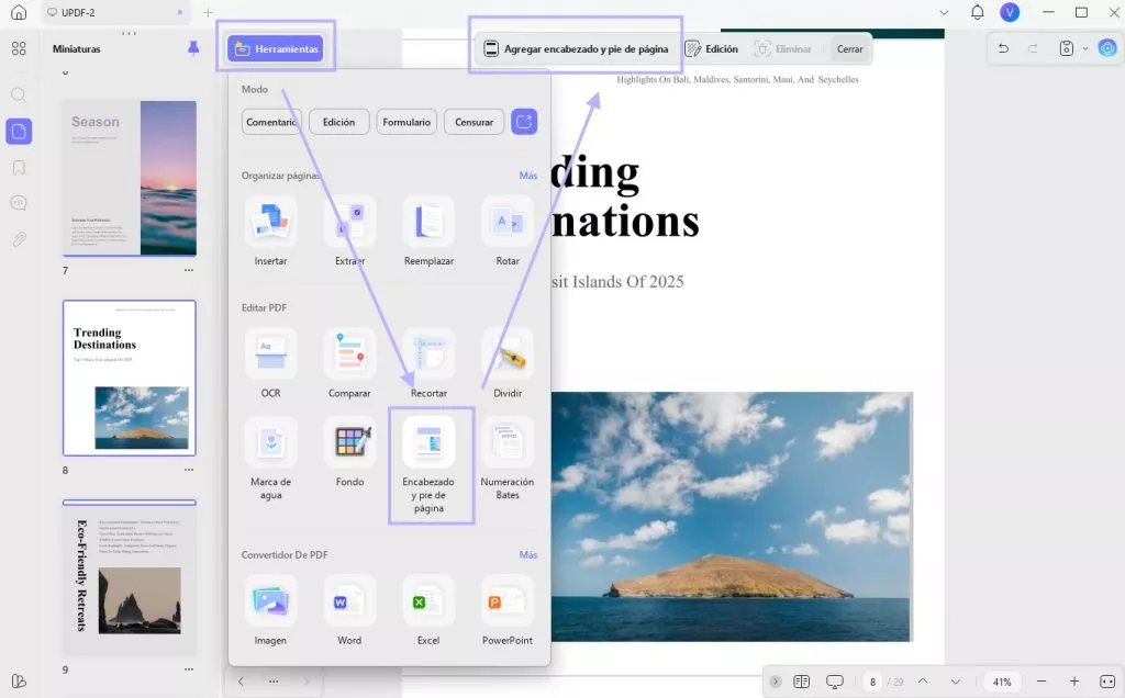cambiar la fecha de creación del pdf mediante pie de página y encabezado updf