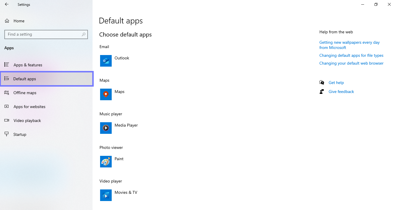 go to the default apps settings windows