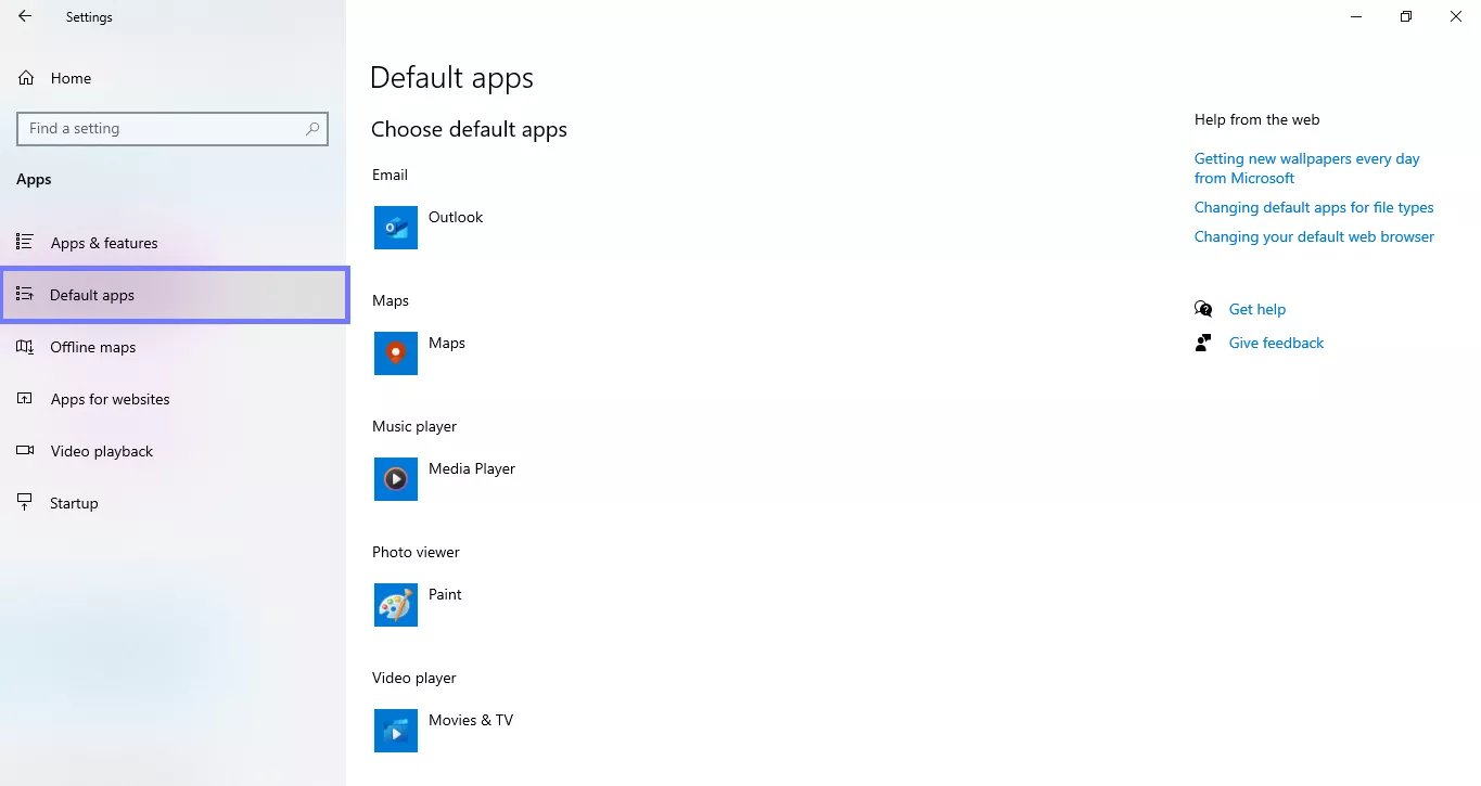 go to the default apps settings windows