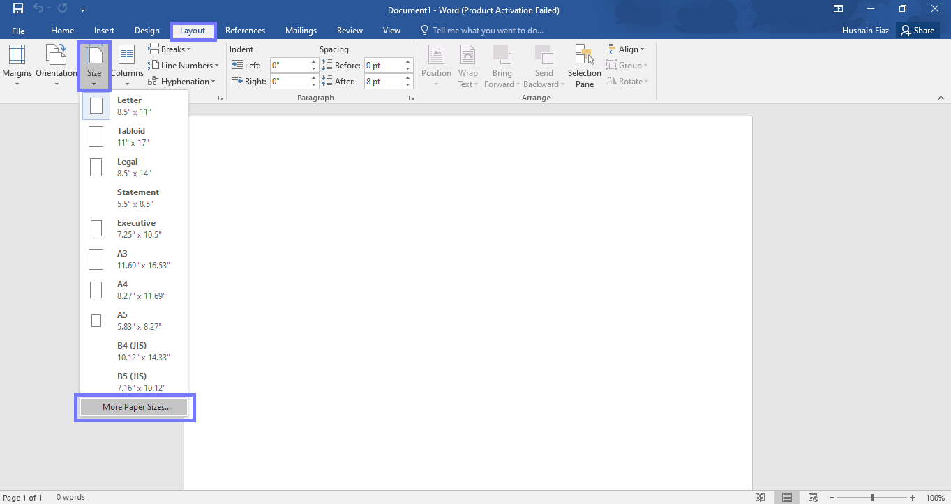 go to the more paper size option word