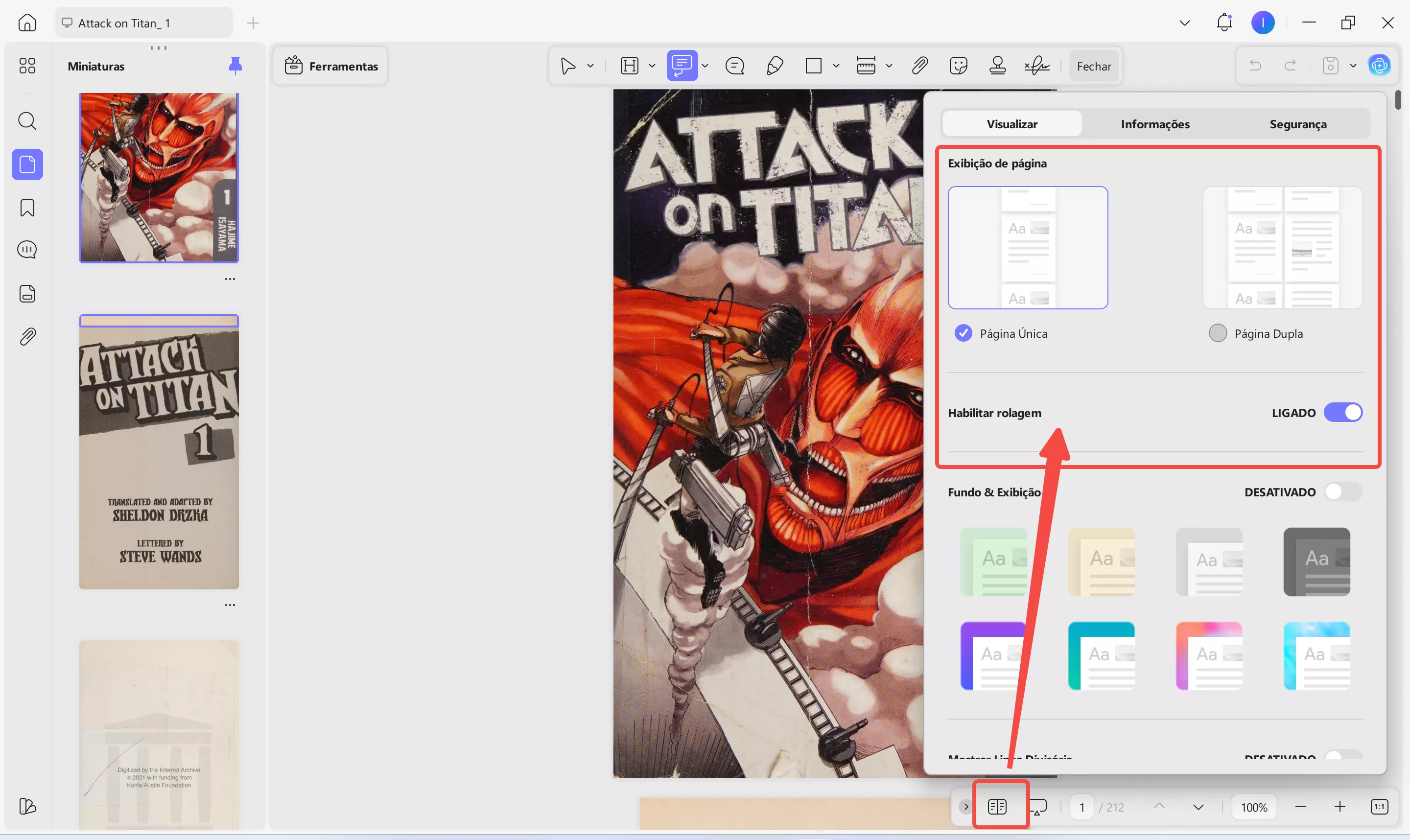 Você também pode visualizar PDFs como apresentações de slides e abrir vários mangás em abas separadas