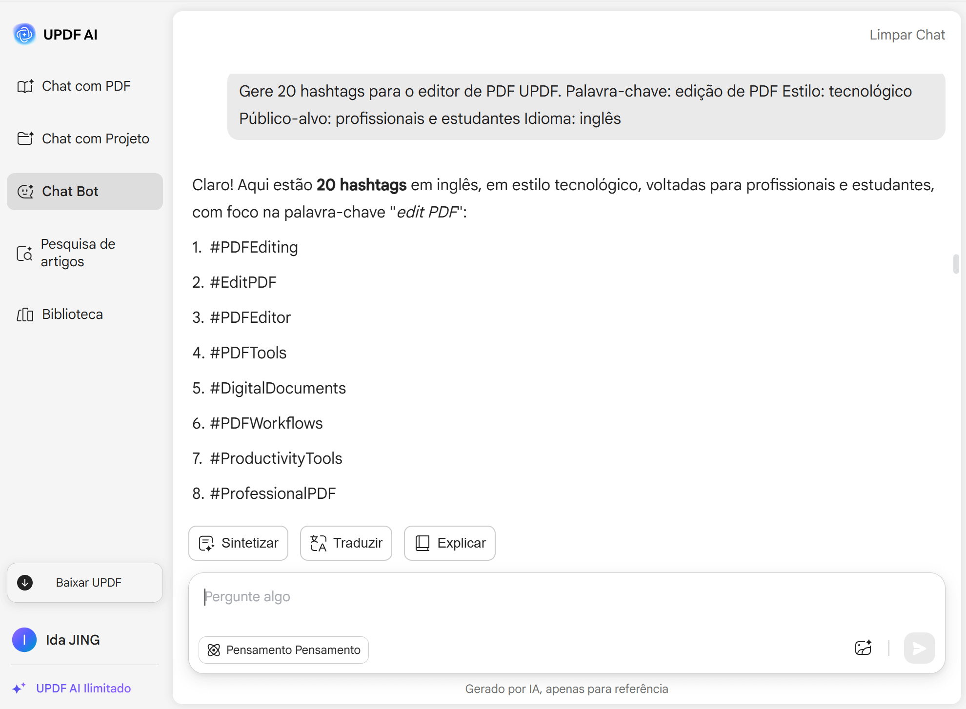 Gerador de hashtags UPDF AI