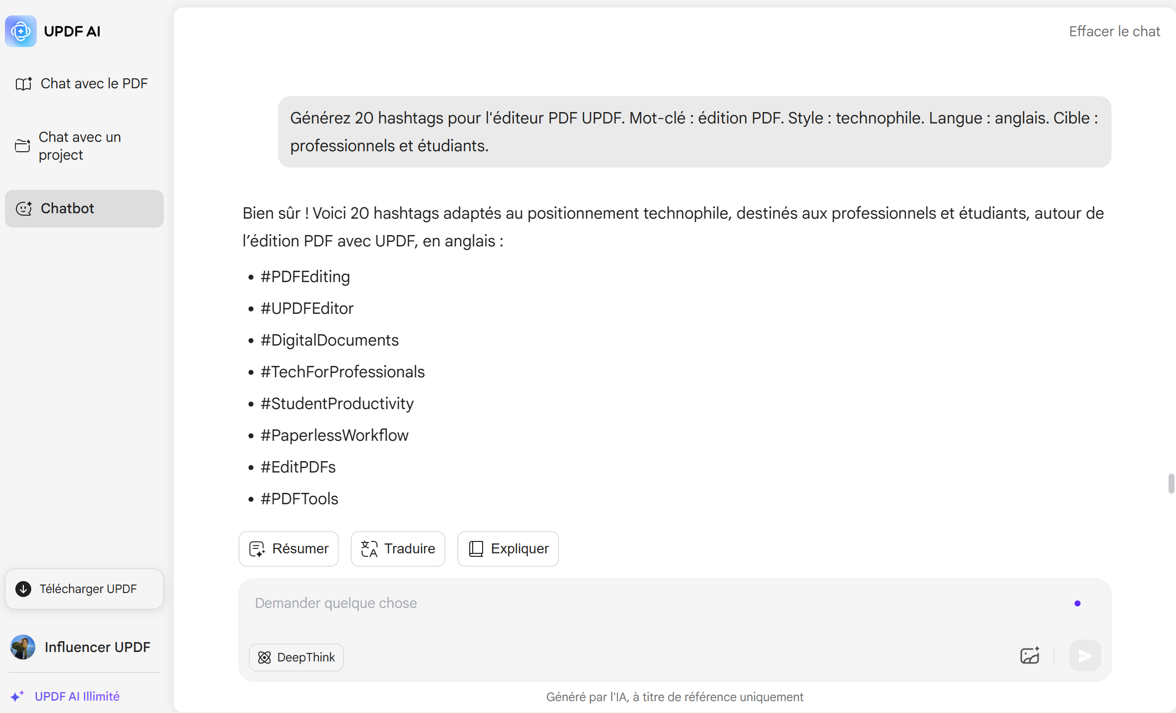 Générateur de Hashtags UPDF AI