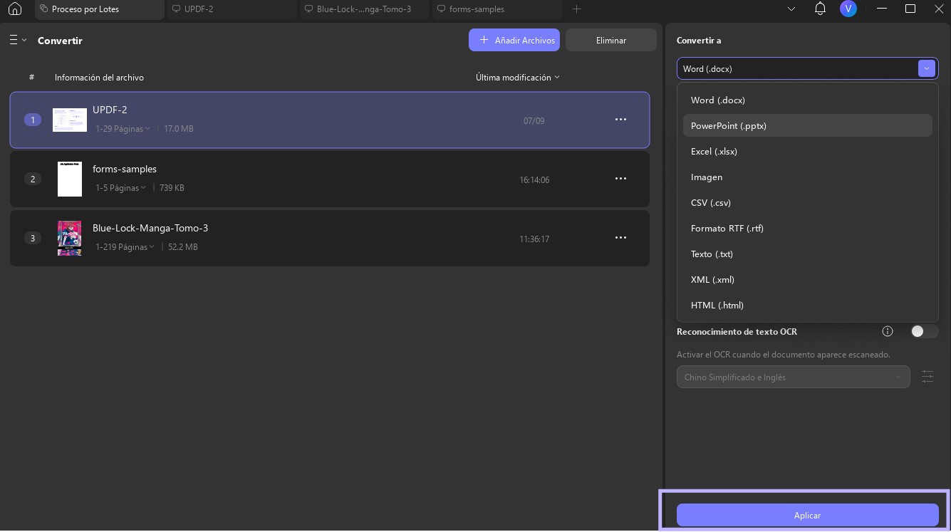 Pulse aplicar para aplicar la conversión