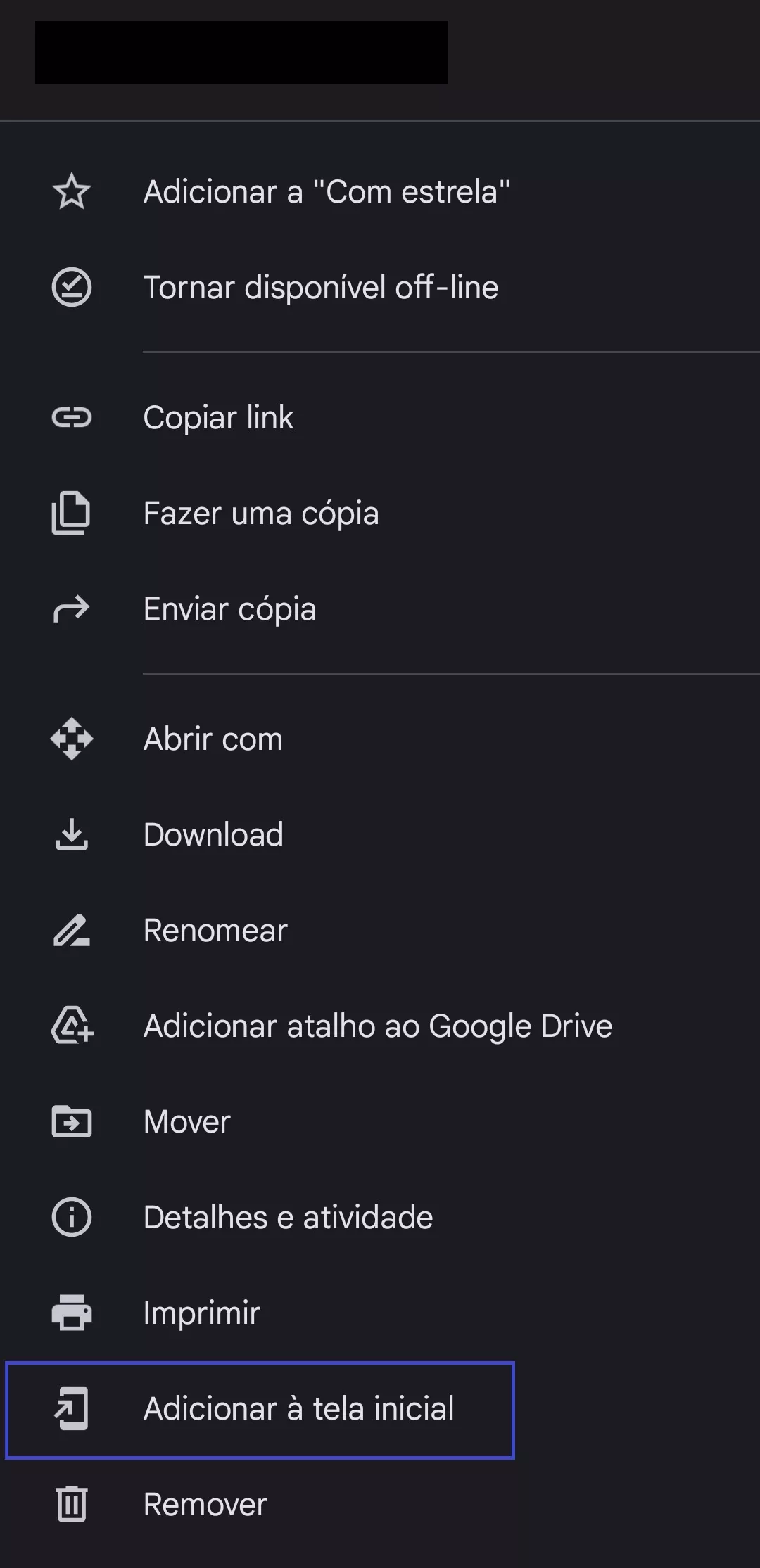 adicionar um atalho do arquivo PDF na tela inicial do Android