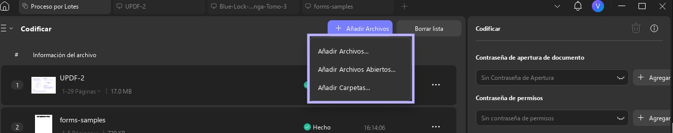 Importar archivos para cifrar por lotes uPDF en Windows 2