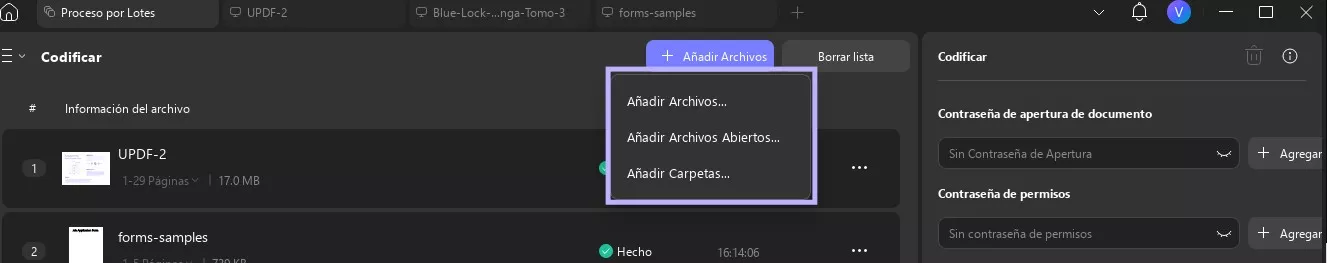 Importar archivos para cifrar por lotes uPDF en Windows 2