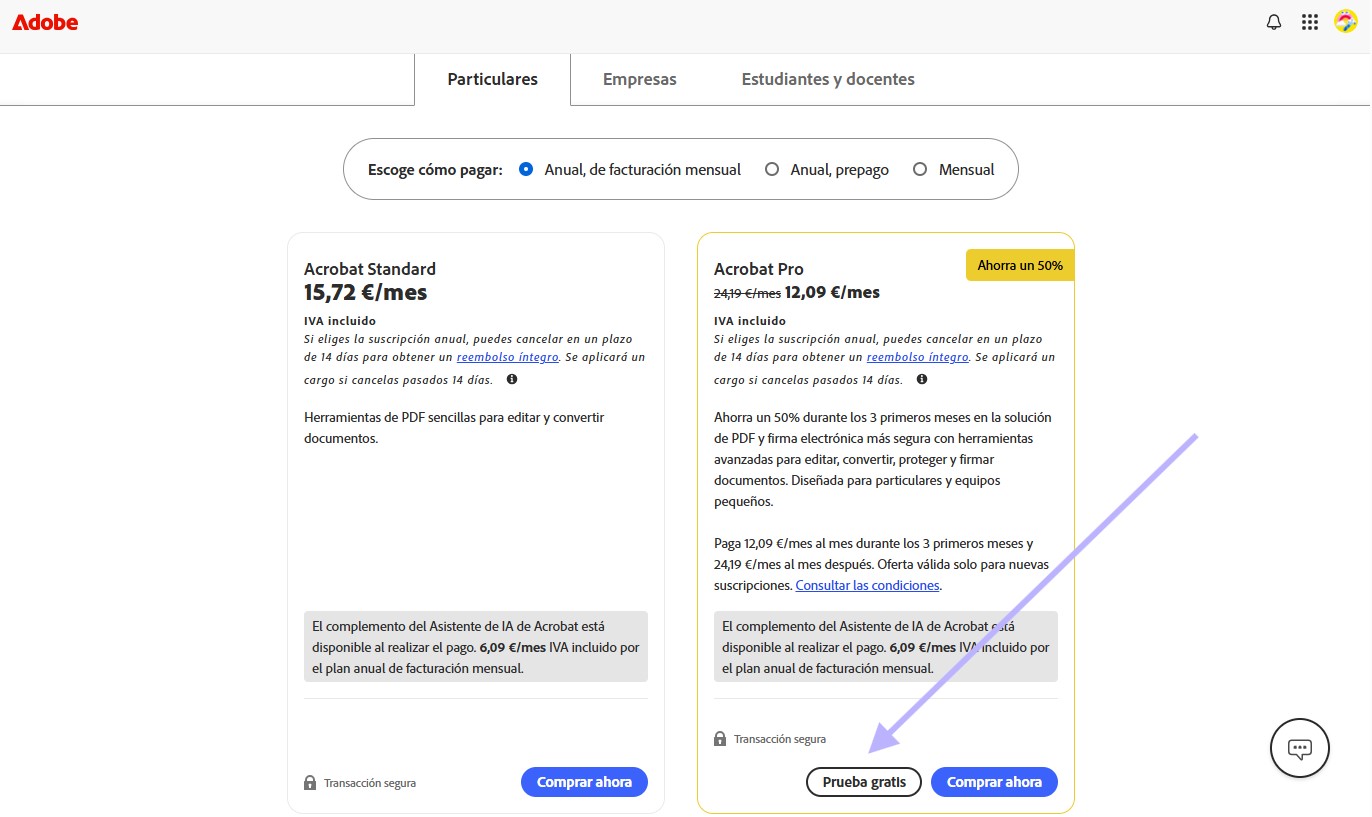 Iniciar la prueba gratuita de Acrobat
