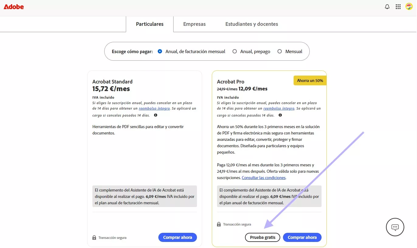 Iniciar la prueba gratuita de Acrobat