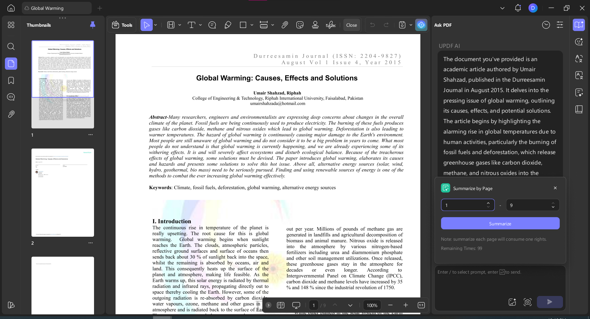 input range of pages to summarize updf ai windows