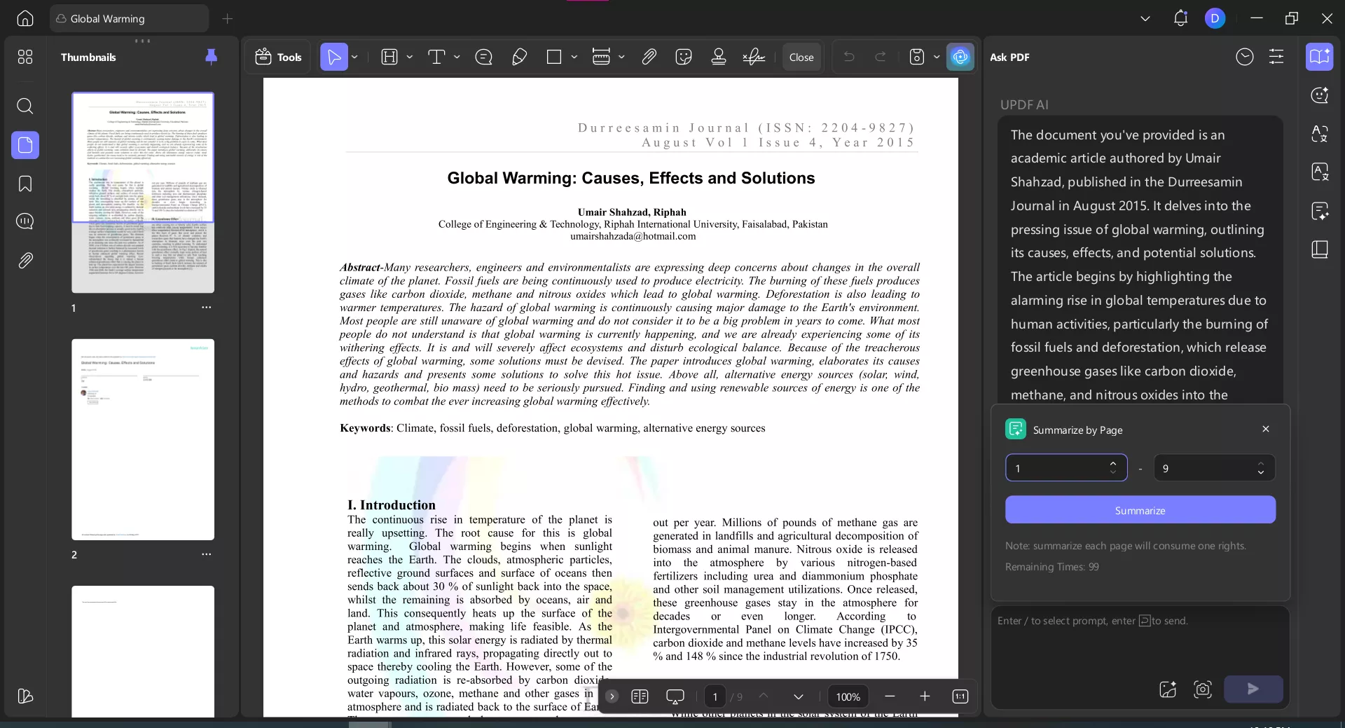 input range of pages to summarize updf ai windows