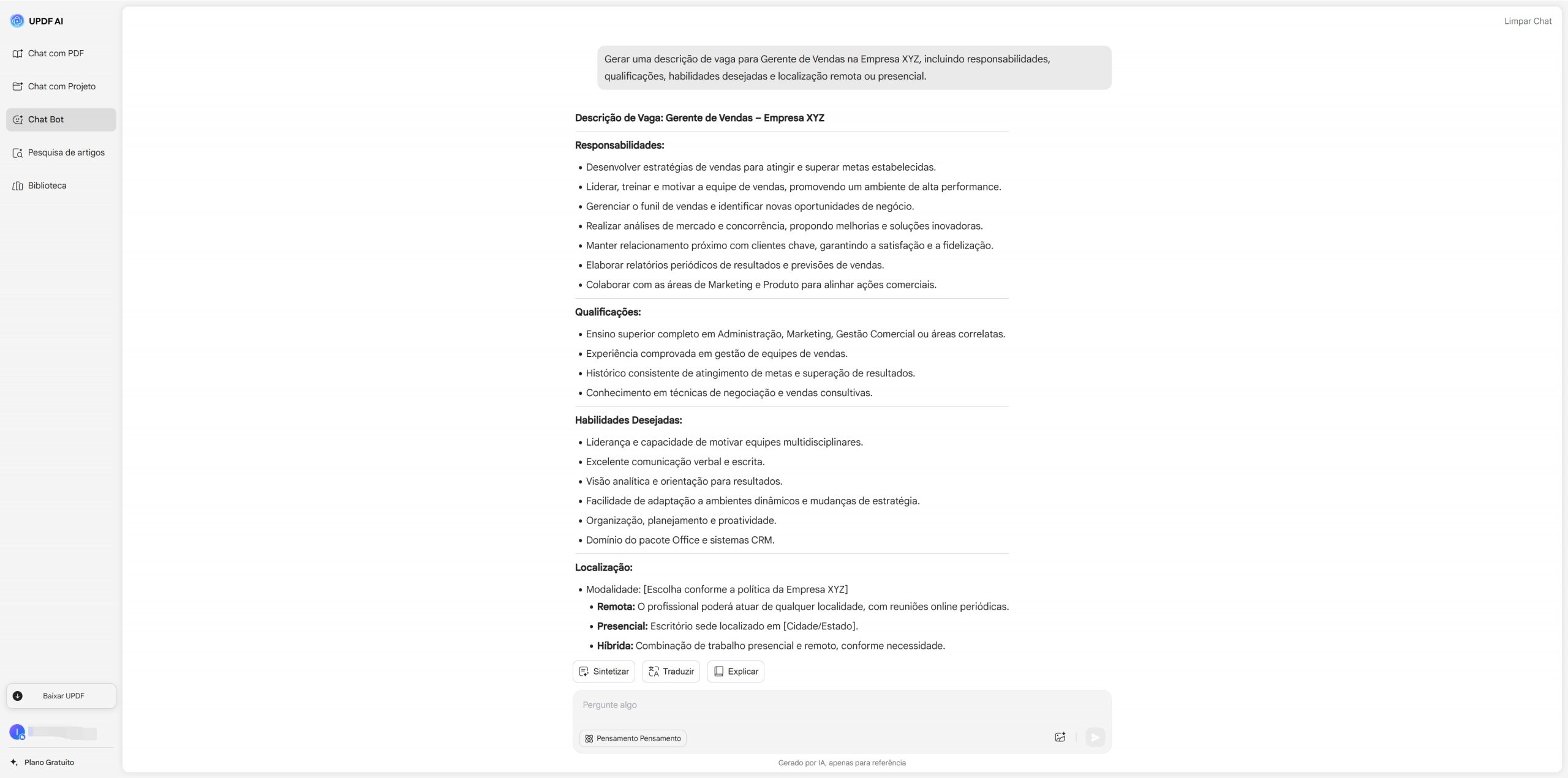 Gerador de descrições de vagas de UPDF AI