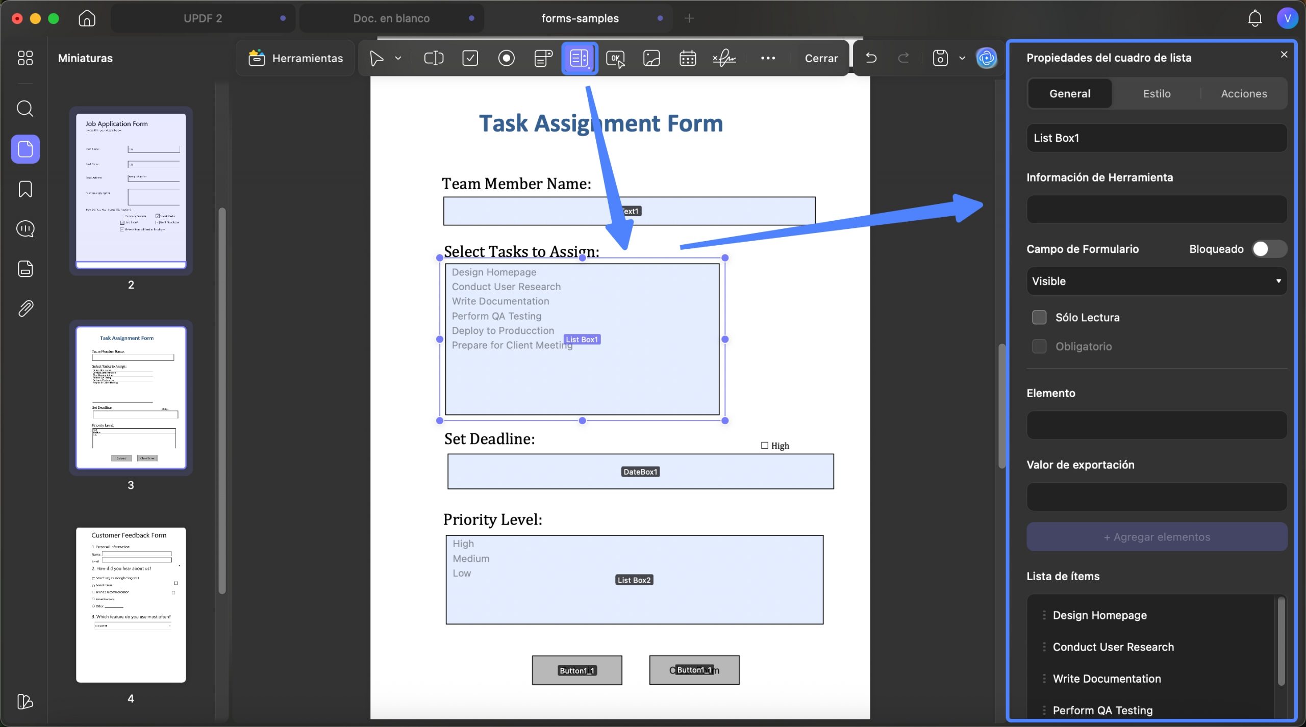 Propiedades del cuadro de lista UPDF Mac