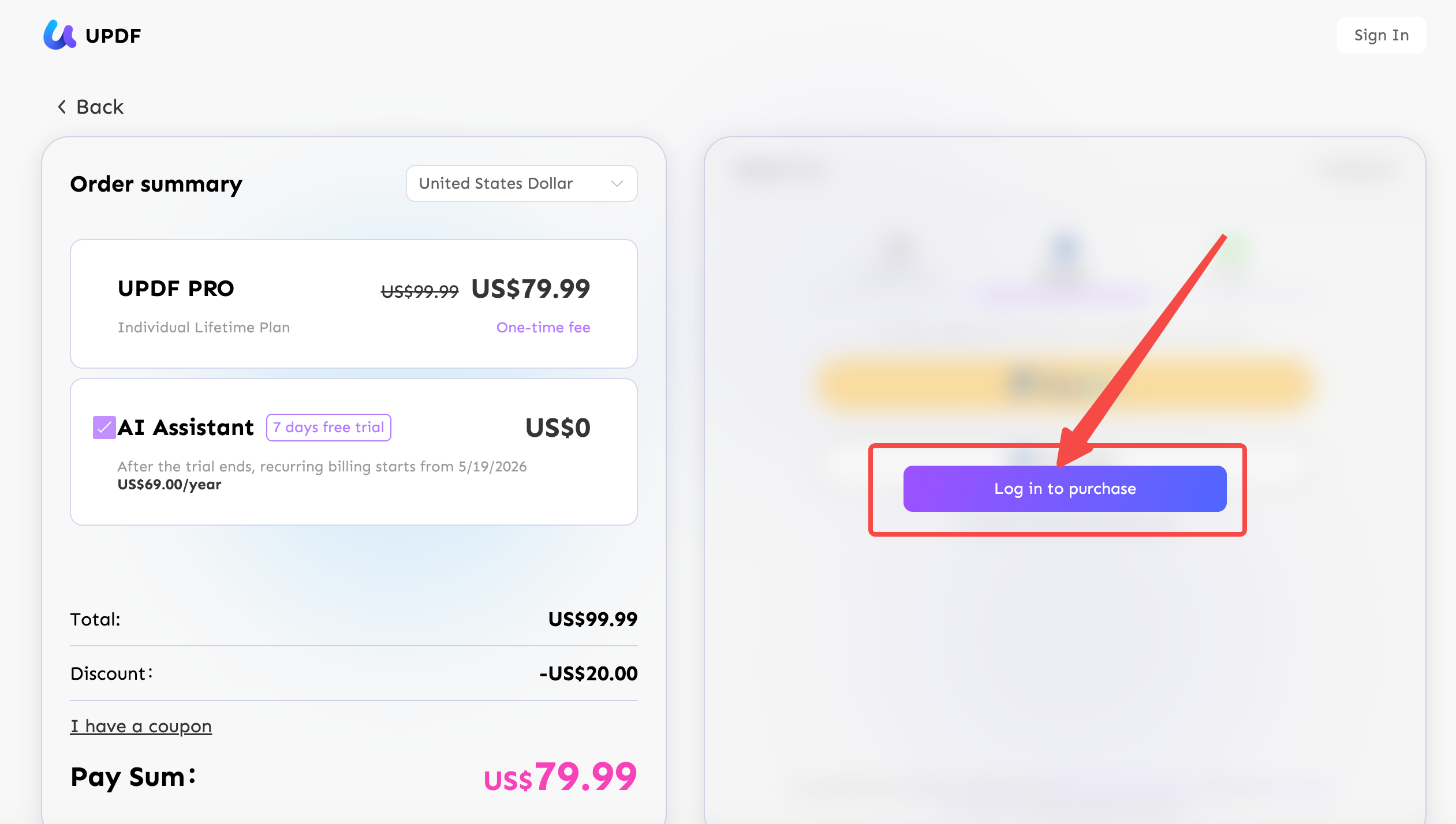 log in to buy updf pro lifetime plan
