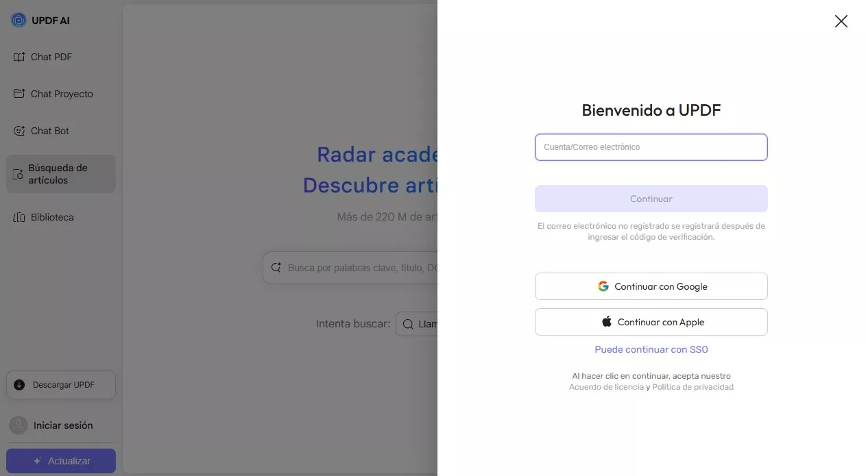 Inicia sesión en UPDF AI