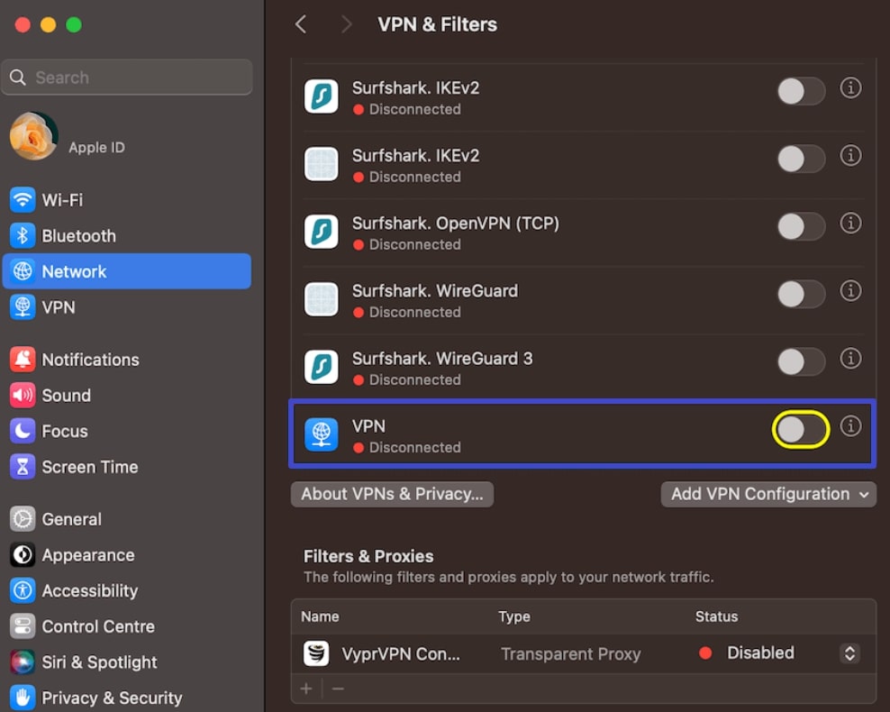 disable vpn from network settings