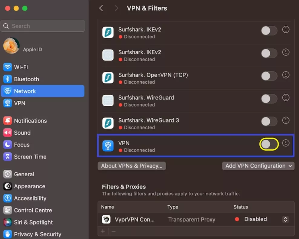 disable vpn from network settings