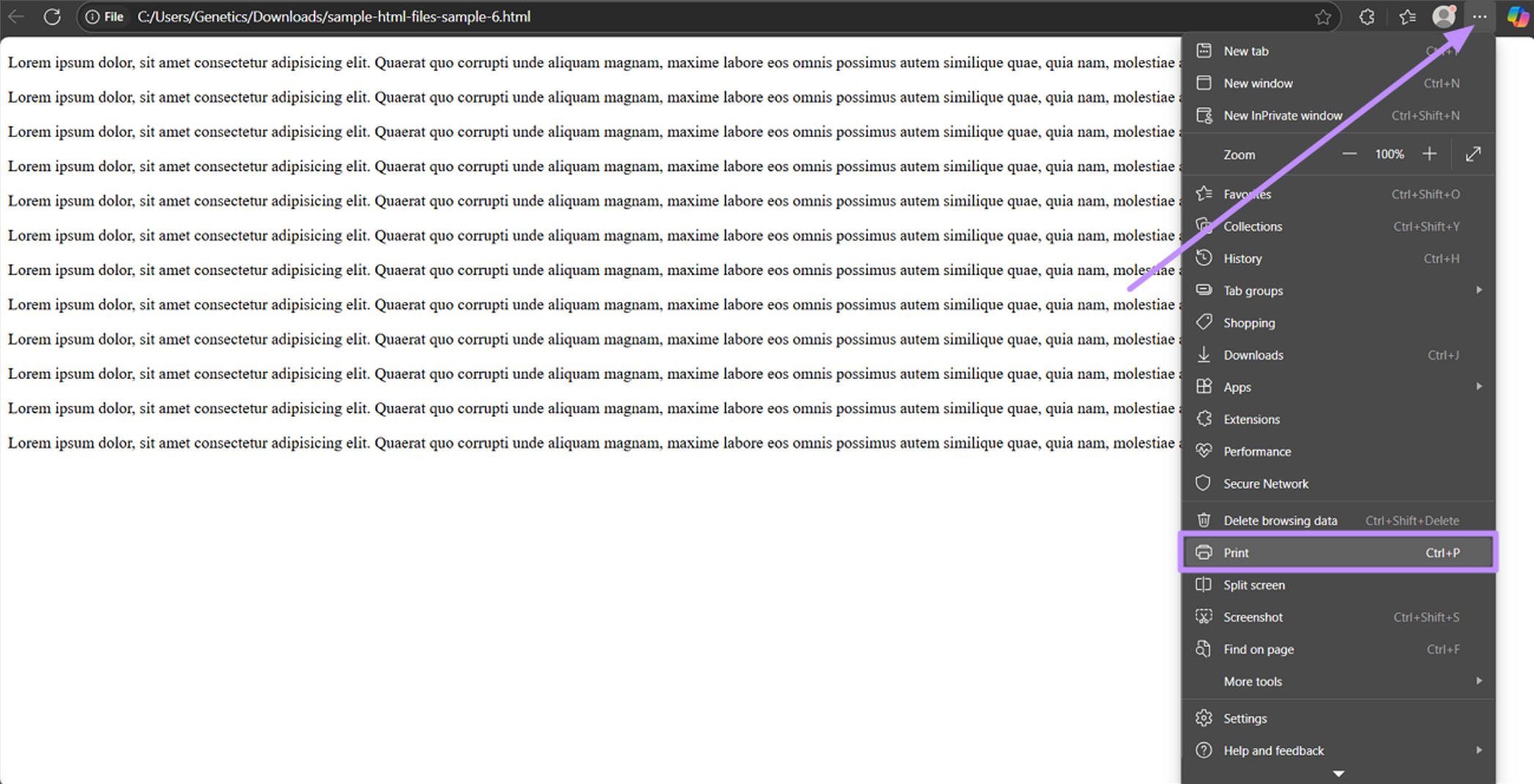 microsoft edge three dots print settings