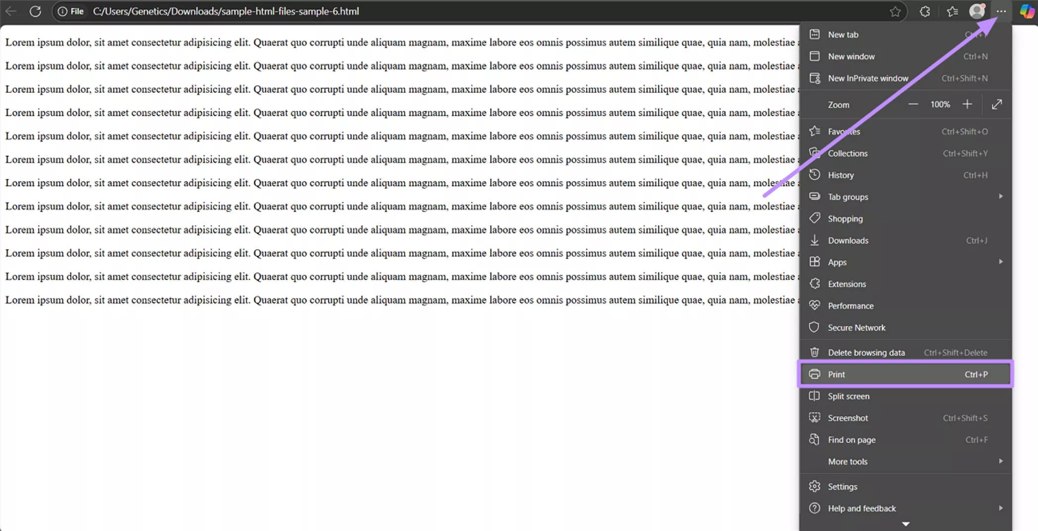 microsoft edge three dots print settings