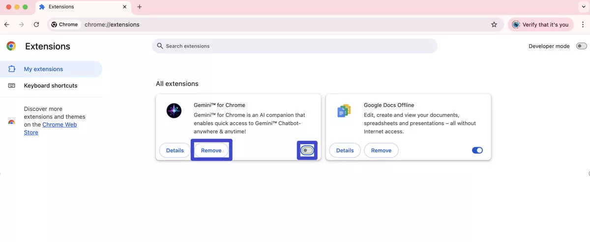 disable or remove extensions for chrome