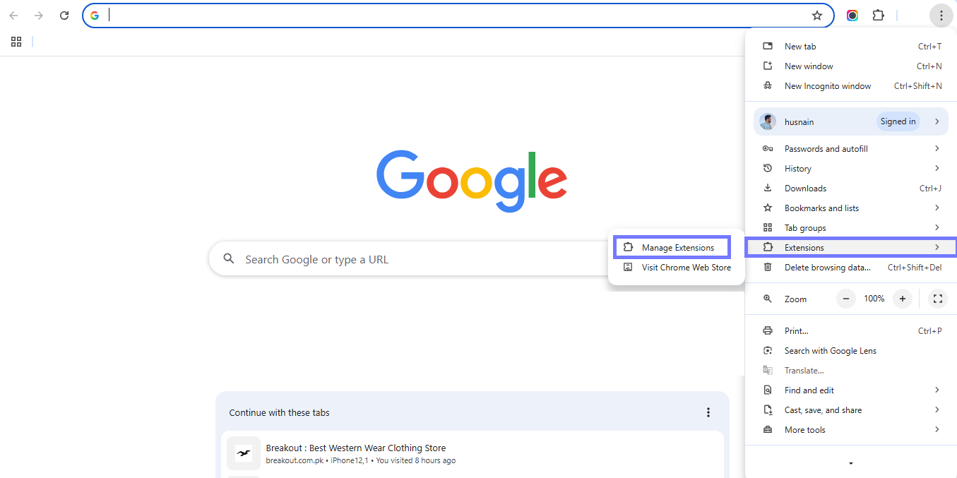 navigate to manage extensions chrome