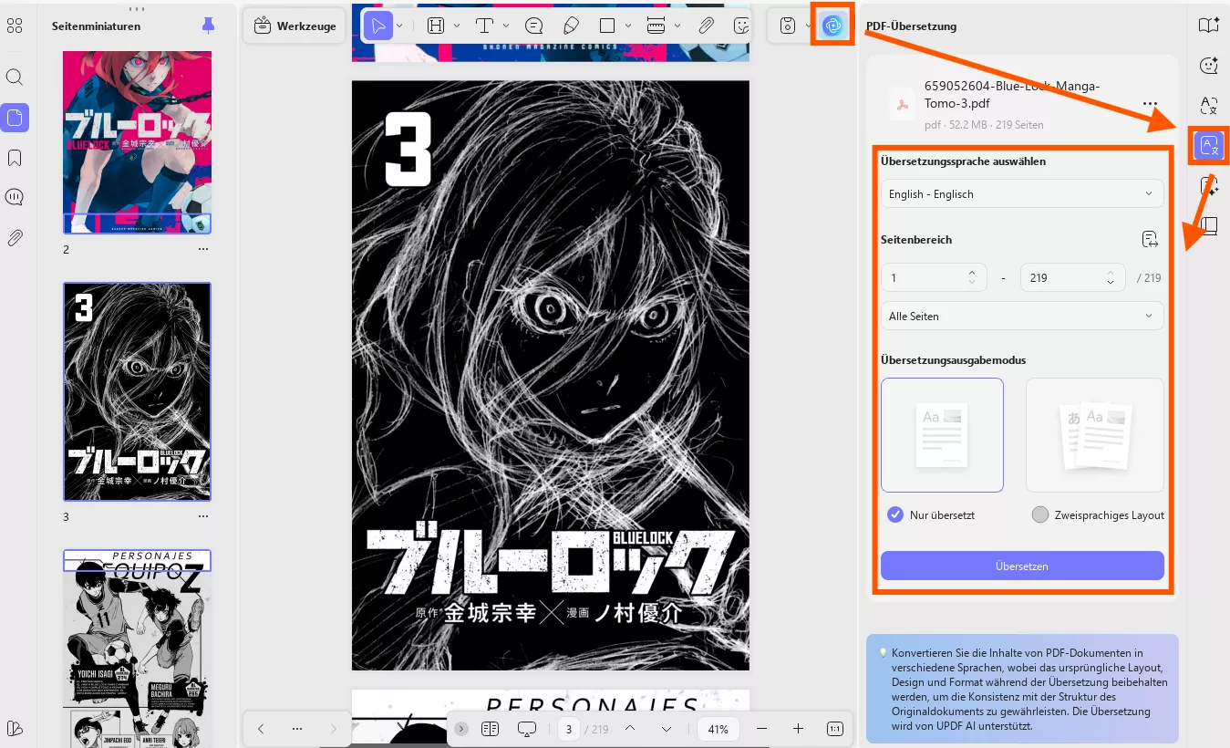 pdf-übersetzungsmodus öffnen updf fenster