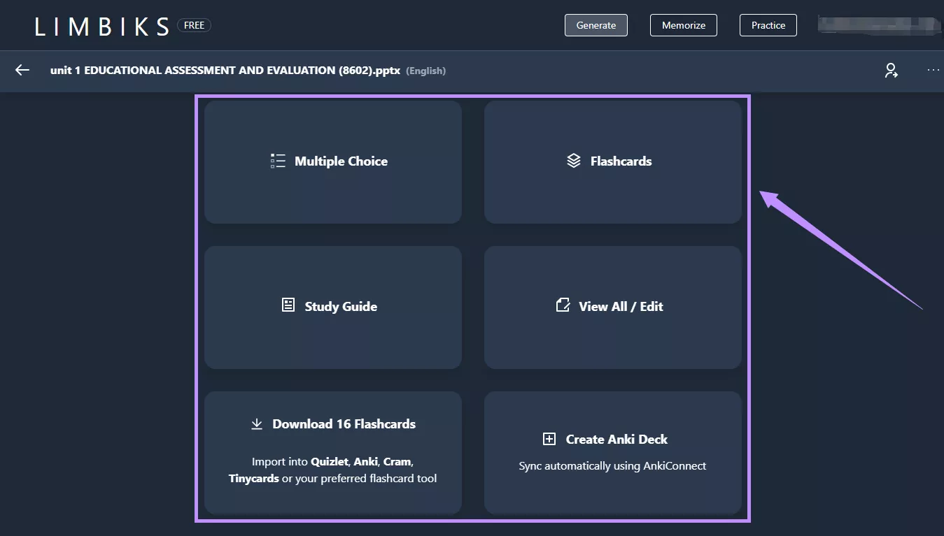 options to interact with flashcards Limbiks
