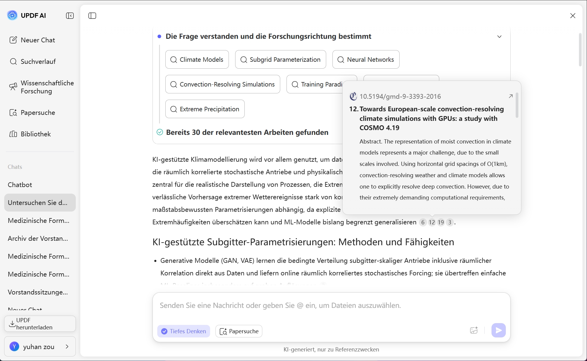 ein Popup-Fenster mit der Zusammenfassung und dem DOI der Publikation