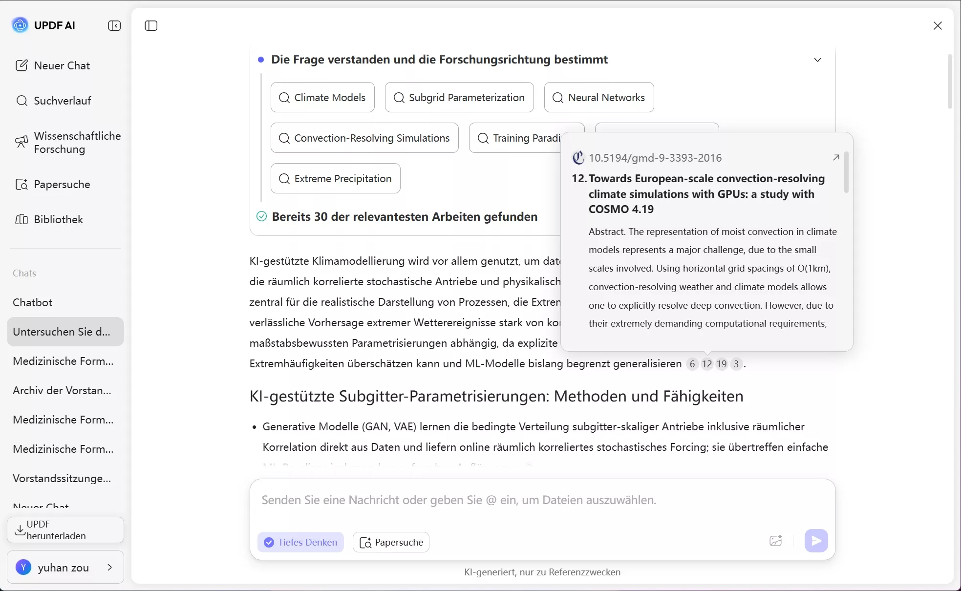 ein Popup-Fenster mit der Zusammenfassung und dem DOI der Publikation