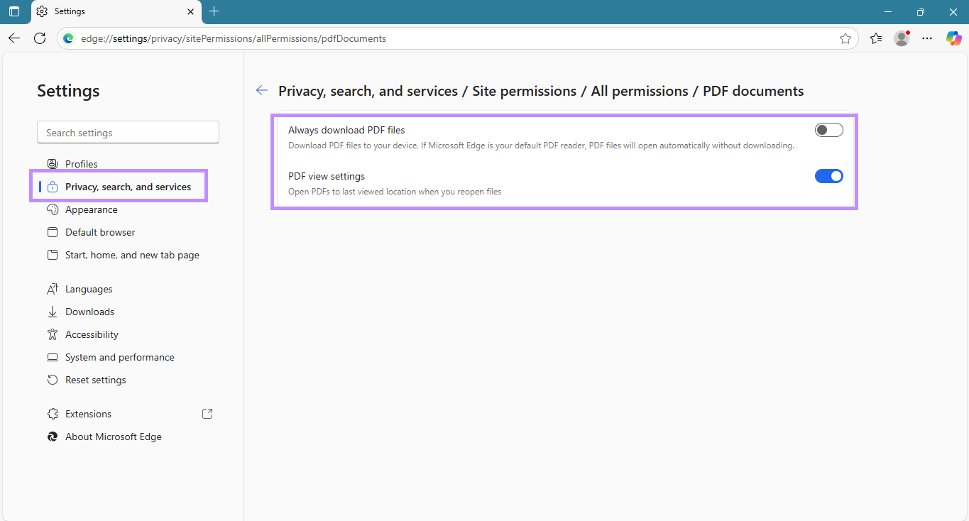 pdf document settings in edge