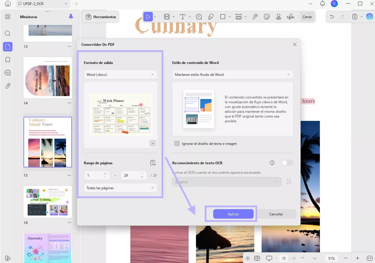 Ajusta la configuración y haz clic en Exportar a PDF a Word en UPDF