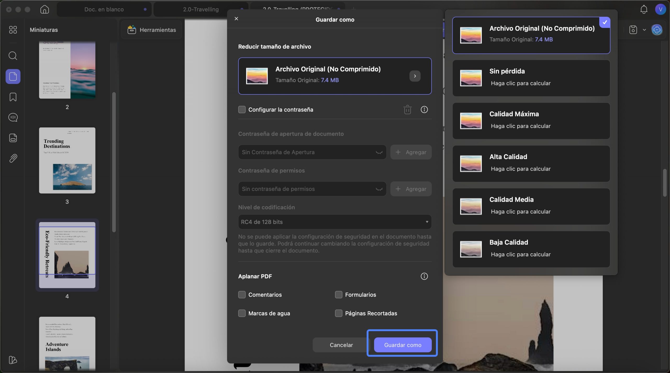 Seleccione la calidad para comprimir uPDF en Mac
