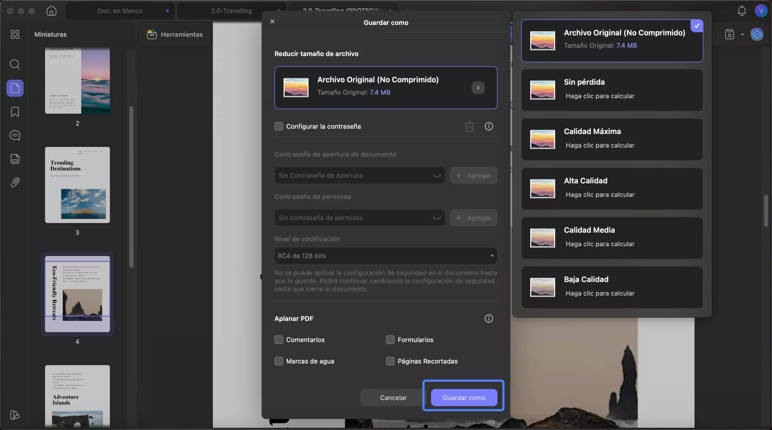Seleccione la calidad para comprimir uPDF en Mac