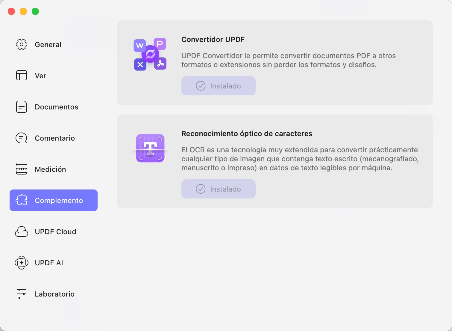 Preferencias del complemento updf para Mac