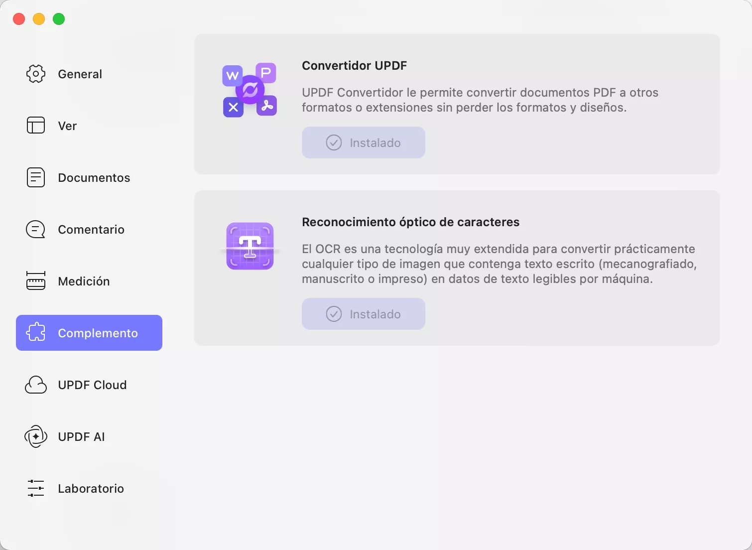 Preferencias del complemento updf para Mac