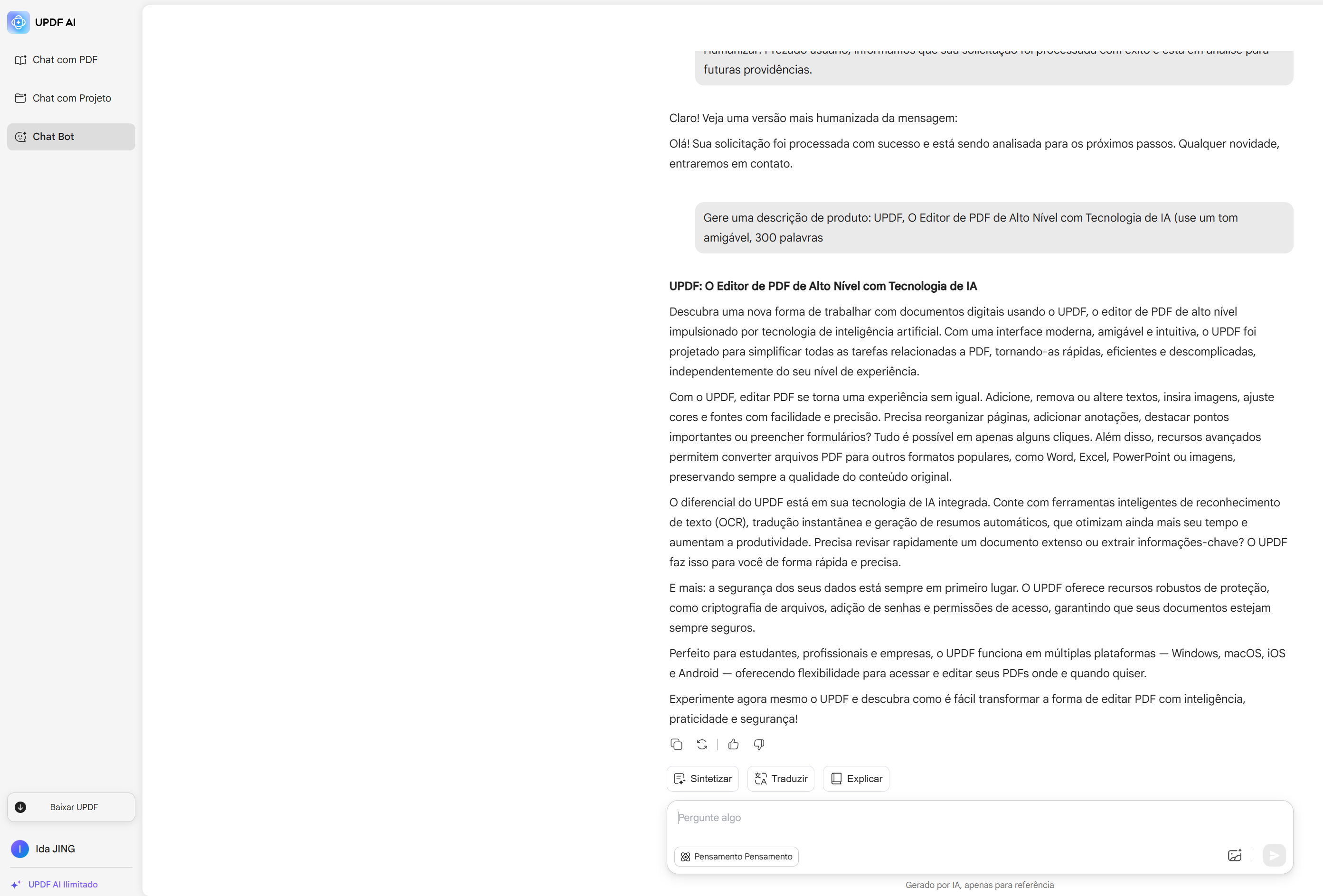 Gerador de descrições de produtos UPDF AI