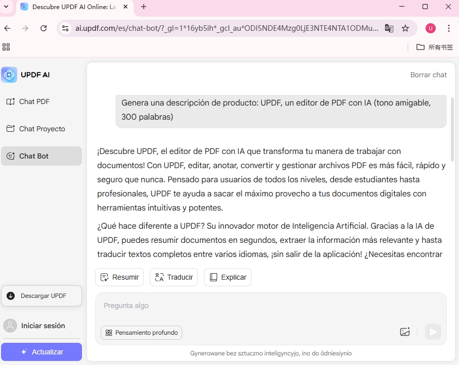 UPDF AI product description generator