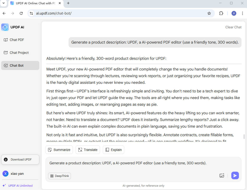 UPDF AI product description generator