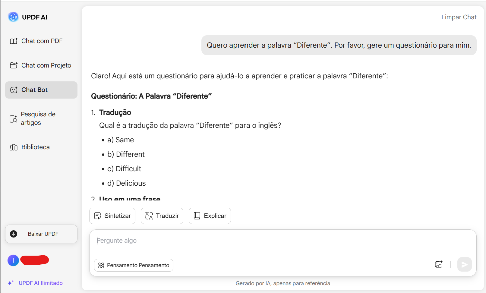Gerador de questionários da UPDF AI