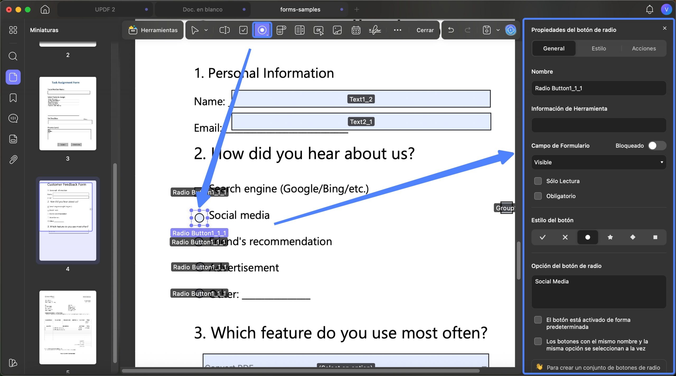 Herramienta de botón de opción para crear formularios PDF (uPDF) en Mac