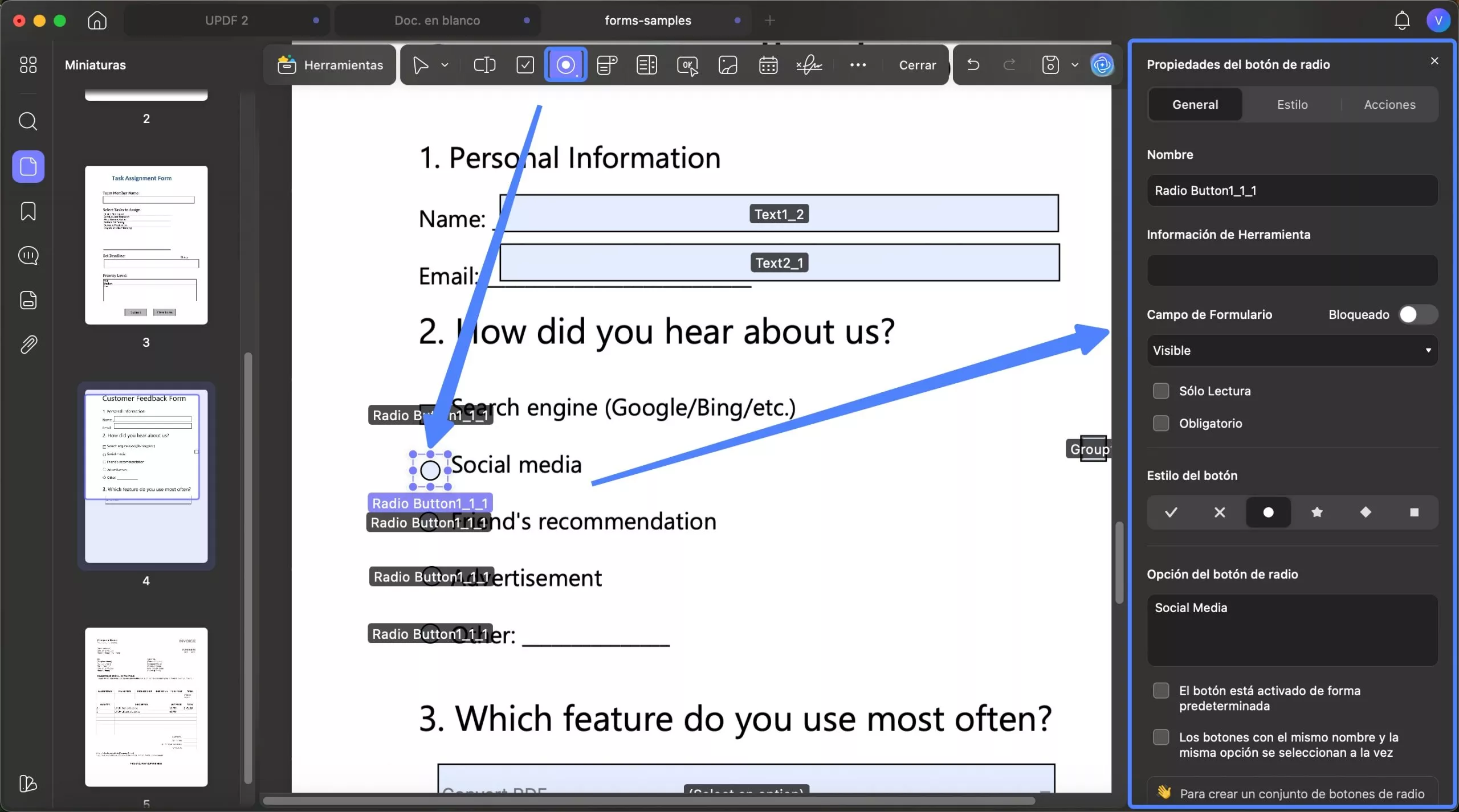 Herramienta de botón de opción para crear formularios PDF (uPDF) en Mac